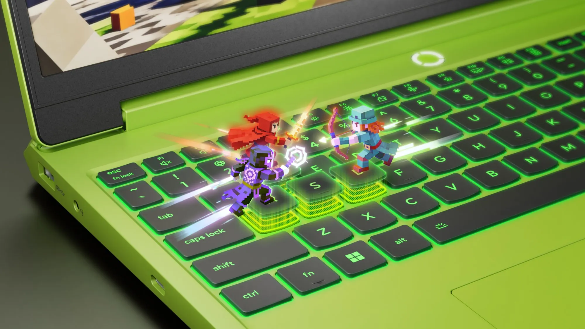 Jasnozielona klawiatura laptopa z podświetlanymi na zielono klawiszami, na której znajdują się trzy pikselowe postacie z gry fantasy walczące ze sobą.
